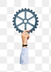 Hand holding png cogwheel sticker, transparent background