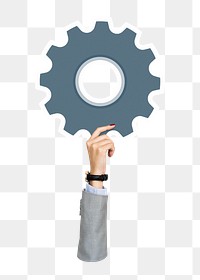 Hand holding png cogwheel sticker, transparent background