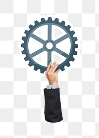 Hand holding png cogwheel sticker, transparent background