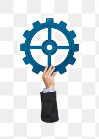 Hand holding png cogwheel sticker, transparent background