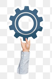 Hand holding png cogwheel sticker, transparent background