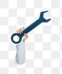 Hand holding png wrench tool sticker, transparent background