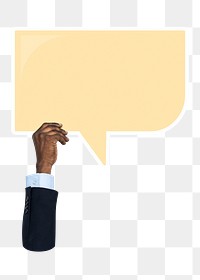 Hand holding png speech bubble sticker, transparent background