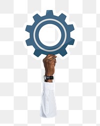 Hand holding png cogwheel sticker, transparent background