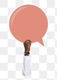 Hand holding png speech bubble sticker, transparent background