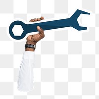 Hand holding png wrench tool sticker, transparent background