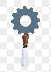 Hand holding png cogwheel sticker, transparent background