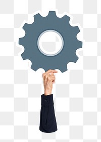 Hand holding png cogwheel sticker, transparent background