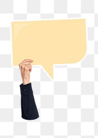 Hand holding png speech bubble sticker, transparent background