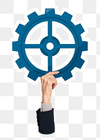 Hand holding png cogwheel sticker, transparent background