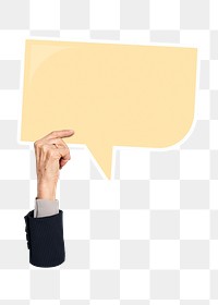 Hand holding png speech bubble sticker, transparent background