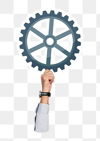 Hand holding png cogwheel sticker, transparent background