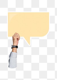 Hand holding png speech bubble sticker, transparent background