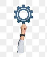 Hand holding png cogwheel sticker, transparent background