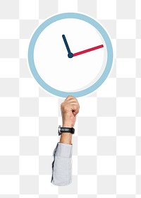 Hand holding png clock sticker, transparent background