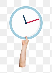 Hand holding png clock sticker, transparent background