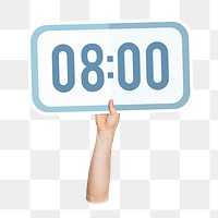 Hand holding png digital clock sticker, transparent background