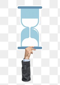 Hand holding png hourglass clipart, transparent background