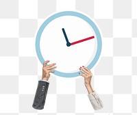 Hand holding png clock sticker, transparent background