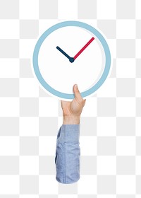 Hand holding png clock sticker, transparent background