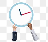 Hand holding png clock sticker, transparent background