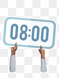 Hand holding png digital clock sticker, transparent background