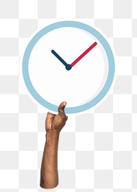 Hand holding png clock sticker, transparent background