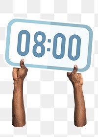 Hand holding png digital clock sticker, transparent background