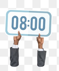 Hand holding png digital clock sticker, transparent background