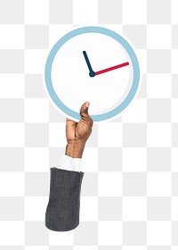 Hand holding png clock sticker, transparent background