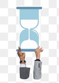 Hand holding png hourglass clipart, transparent background