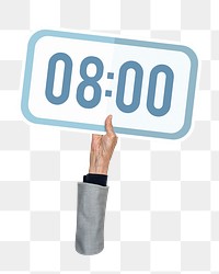 Hand holding png digital clock sticker, transparent background