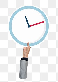 Hand holding png clock sticker, transparent background