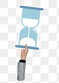 Hand holding png hourglass clipart, transparent background