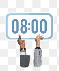 Hand holding png digital clock sticker, transparent background