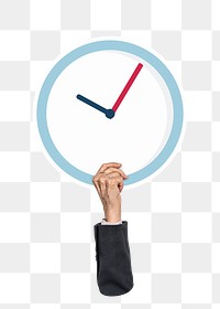 Hand holding png clock sticker, transparent background