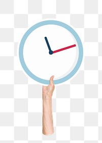 Hand holding png clock sticker, transparent background