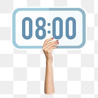 Hand holding png digital clock sticker, transparent background