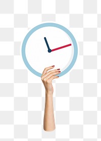 Hand holding png clock sticker, transparent background