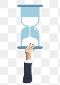 Hand holding png hourglass clipart, transparent background