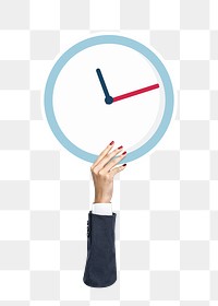 Hand holding png clock sticker, transparent background