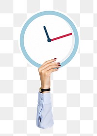 Hand holding png clock sticker, transparent background