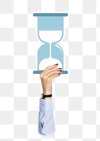 Hand holding png hourglass clipart, transparent background