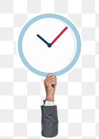 Hand holding png clock sticker, transparent background