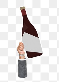 Hand holding png wine bottle sticker, transparent background