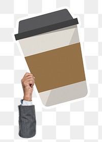 Hand holding png coffee cup sticker, transparent background