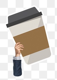 Hand holding png coffee cup sticker, transparent background