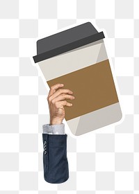 Hand holding png coffee cup sticker, transparent background