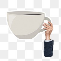 Hand holding png coffee cup sticker, transparent background