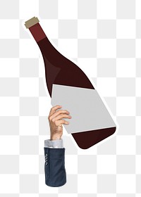 Hand holding png wine bottle sticker, transparent background